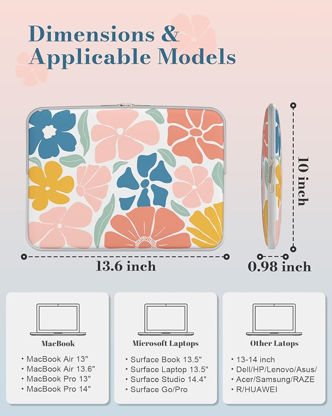 iCasso Laptop Sleeve 13 inch for MacBook Air 13-13.6 inch M3/M2/M1, Laptop Sleeve for MacBook Pro 13 inch 2024-2016, Slim Protective Travel Carrying Case for MacBook Pro 14 inch, Colorful Flower