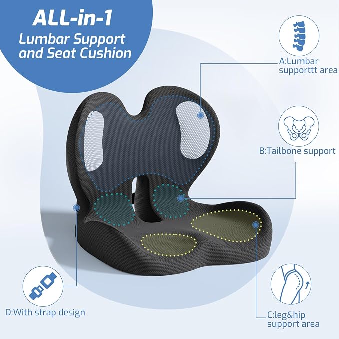 Seat Cushion,Memory Foam Chair Cushion for Office and Car,Ergonomic Coccyx Seat Cushion for Tailbone,Sciatic Nerve,Lower Back Pressure Relief,Lumbar Support Pilow for Office,Car,Truck,Desk Chair