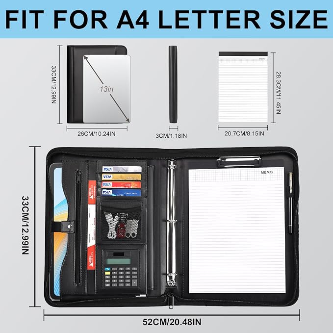 Eshow Padfolio for Men Women, Leather Portfolio with Zipper – Professional Interview Resume Organizer with Card Holder, Writing Pad & File Folders for Business, Lawyer, Student