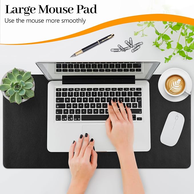 Black Leather Desk Pad Large Mouse Pad, 23.6"x13.8" | Waterproof Desk Mat for Keyboard and Mouse, Non-Slip Computer Desk Protector, Smooth Mouse Control for Home Office
