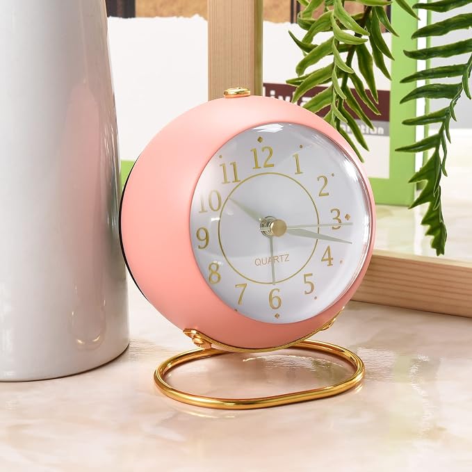 Tetino Analog Alarm Clocks for bedrooms,Small Desk Clocks,Night Light, Non-Ticking，Battery Powered,Silent Alarm Clock for Kids,Simple Design Desktop Alarm Clock. (Pink)