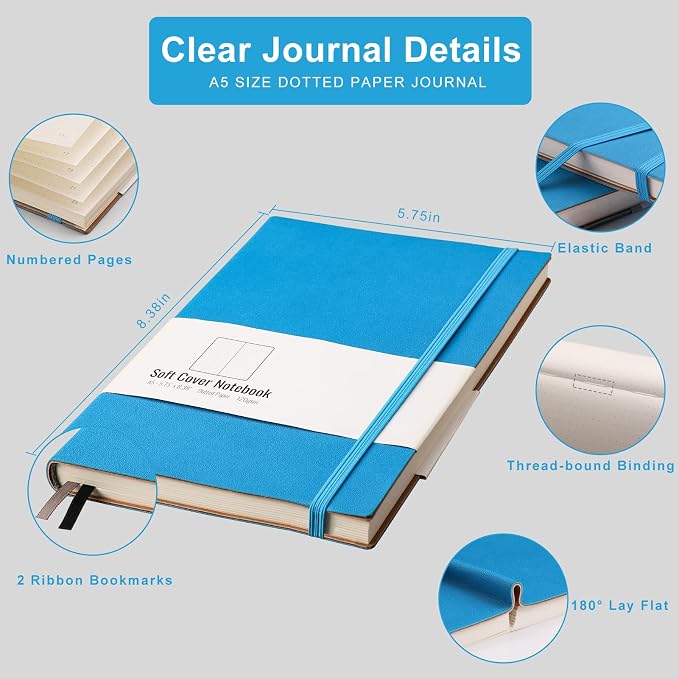AHGXG Dotted Grid Journal 2 Pack - A5 Dot Grid Notebook Softcover, Medium 5.75'' × 8.38'', 320 Numbered Pages, 120gsm Thick Dotted Paper, Soft Leather Cover, Black Blue