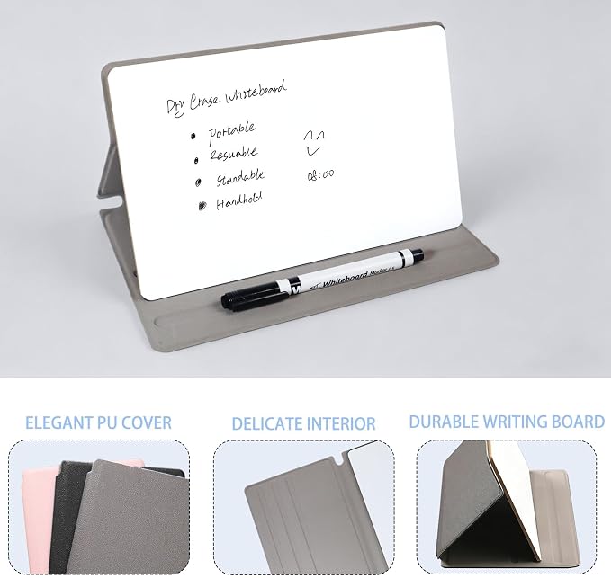 Portable Small Dry Erase Board with Stand, Reusable White Board Handheld Whiteboard Dry Erase Notebook, Standable Desktop Notepad, Home Office Study Essentials-PU Cover Writing Board 9.5" x 6.6"-Gray