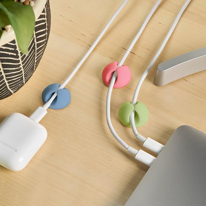 Wrap-It Storage Cable Clips - (Assorted 28-Pack) Macaron | Desk and Nightstand Cable Holder for Phone and Bedside Table Cord Organizer
