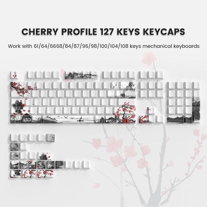 Womier PBT Keycaps Set 130 Keys, Custom White Japanese Keyboard Doubleshot Dye Sub Side Print Shine Through Keycaps 60 65 75 100 Percent, Cherry Profile, Cherry Blossom