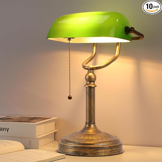 NISSAFORS Bankers Desk Lamp, Green Glass Shade, Vintage Desk Lamp with Pull Chain Switch, Retro Table Lamps for Home Office (Retro Gold+Green, Large)
