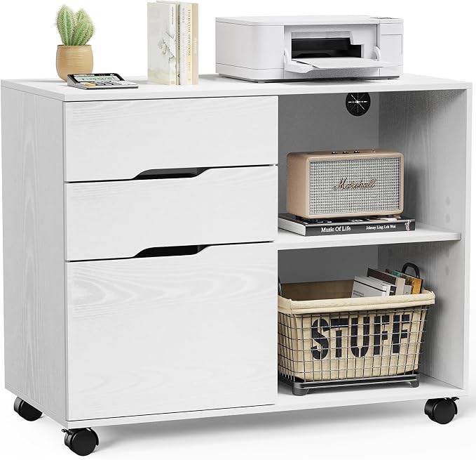 DUMOS Wood File Cabinet with 3 Drawers, Rolling Printer Stand | Under Desk Storage Organizer Home Office Space with Shelves for Files and Office Supplies, White