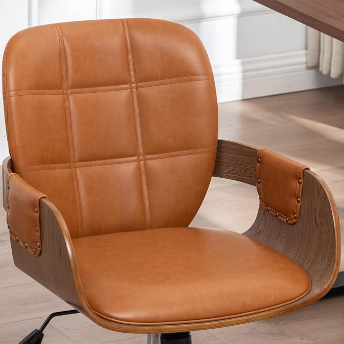 Mid Century Modern Office Chair, Floor Protective Silent Casters | Ergonomic Curved Back, Bentwood Frame, 360° Swivel & Rocking Function, Height Adjustable 19"-23", Support Up to 350 lbs