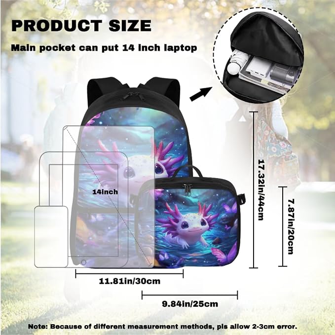 Doojoayie Axolotl Backpack for Girls Kawaii Bookbag with Lunch Box Fashion Backpack Kids School Bags Large Capacity Back Pack Great Back to School Supplies for Preschool Girls