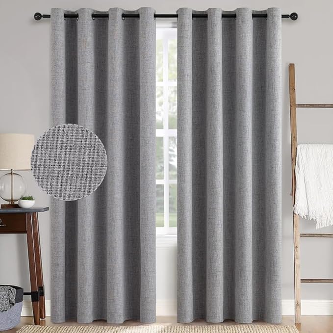 MIULEE Linen Textured 90 Inches Curtains for Bedroom 100% Blackout Thermal Insulated Grey Curtains Grommet Room Darkening Luxury Decor for Living Room 52 x 90 Inch (2 Panels)