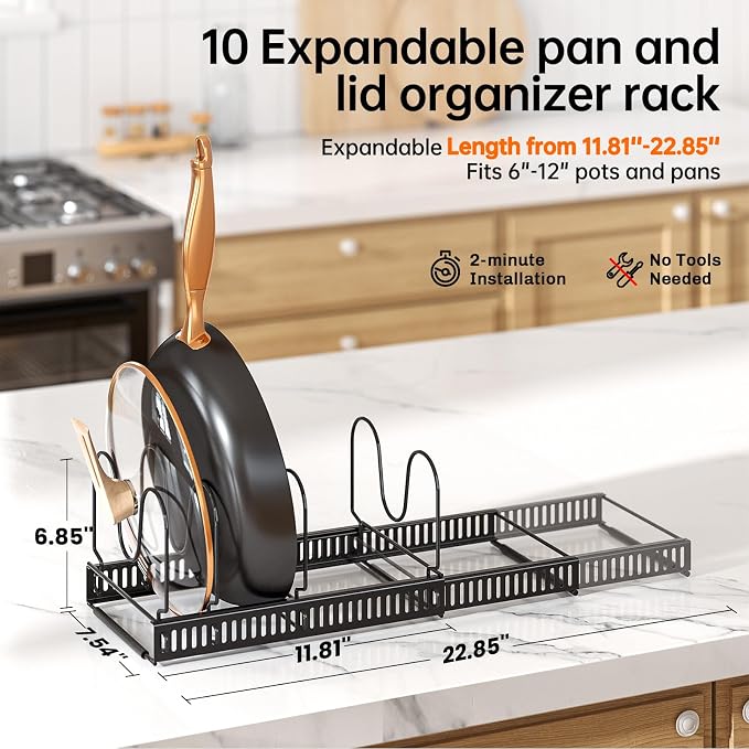 MUDEELA Expandable Pot Pan Lid Organizers inside Cabinet, 10 Divider 2-Pack | Expandable 11.8–22.9", 10 Adjustable Divider, Tool-Free Assembly, Non-Slip, Scratch-Proof, For Pan Lid Cutting Board Bakeware