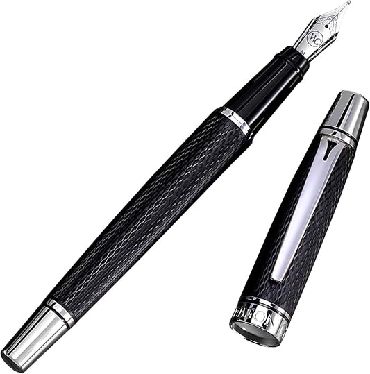 'Show Up' Black Luxury Executive Fountain Pen, Woven Polished Lacquer, Chrome Accents, Stainless Steel Nib, Easy Refill Ink Piston Converter, Smudge Free No Bleed, Fits Instant Insert Ink Cartridges