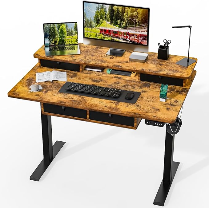 Kingant Electric Standing Desk with 4 Drawers,USB Charging Ports 48"x 30" | Ergonomic Height Adjustable Large Workstation, Heavy-Duty Sit Stand Up Desk For Home Office Daily Work,Rustic Brown