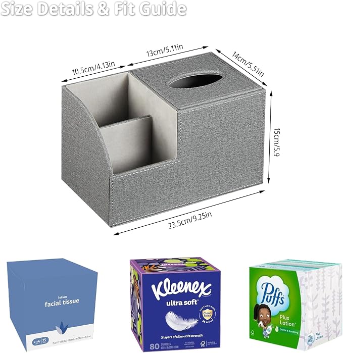 Square Tissue Box Cover with Storage, PU Leather Cube Tissue Box Holder, Remote Control Nightstand Organizer, Modern Desk Caddy for End Table, Bathroom, Bedroom, Home, Office Decor(Grey) | TV Remote Control Holder, Desk Accessories Nightstand Organizer...