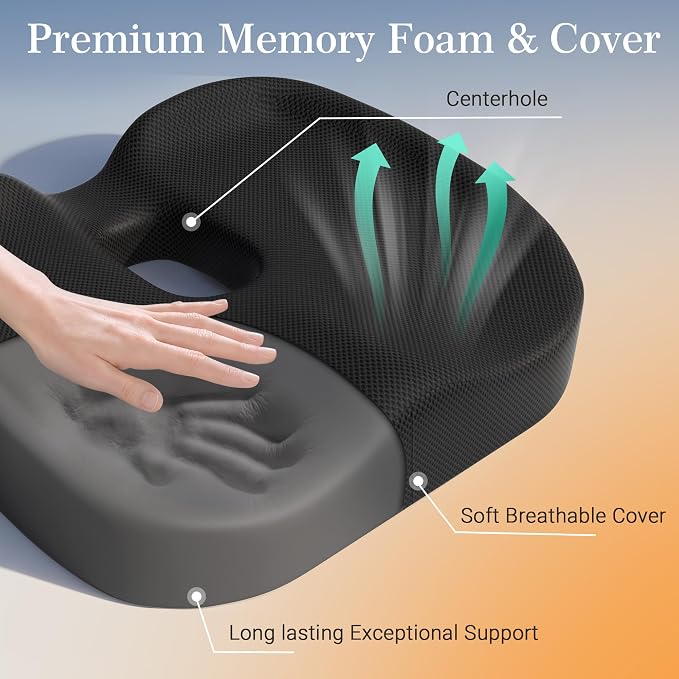Donut Pillow Seat Cushion for Hemorrhoids & Tailbone Pressure Relief - Memory Foam Office Chair Cushion for Sciatica, Coccyx & Back Pain, Non-Slip Butt Cushions for Long Sitting (Black)