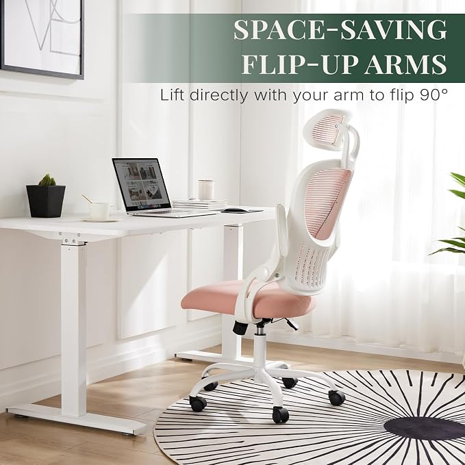 Ergonomic Office Chair, Desk Chair Comfy with Wheels, Adjustable Headrests, Small Office Chair with arms, Breathable Mesh High-Back, Comfortable Swivel Seating for Home Office, Pink