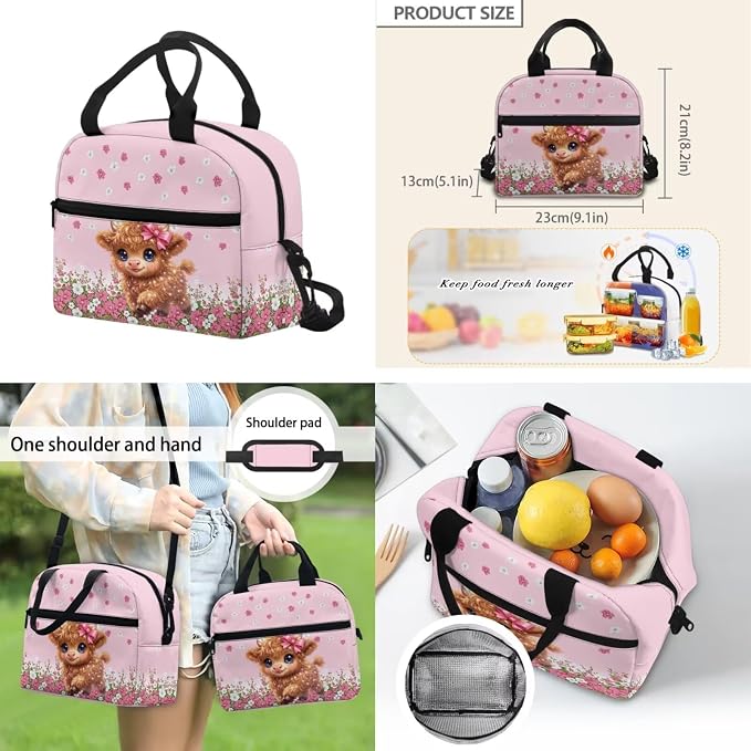 ZFRXIGN Cute Highland Cow Kids Backpack for Girls 4-6 6-8 Bookbag with Cute Pendant 17inch Elementary School Bag and Insulated Lunch Box Portable Pencil Case