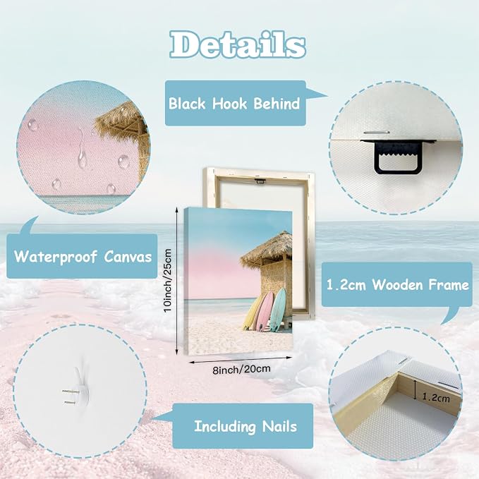 CHDITB Coastal Beach Pastel Framed Canvas Wall Art, Ocean Summer Scenery Artwork, Boho Seaside Cottage Wall Decor, Pink Sand Wave Beach Hut Art Prints For Living Room Bedroom Decor 8”x10”x6