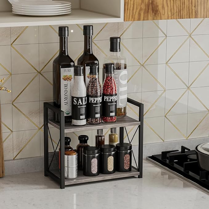 Giikin Countertop Shelf Organizer, 2 Tier Kitchen Spice Rack for Countertop, Wood Kitchen Counter Shelf for Home, Coffee Station Organizer (Grey,S)