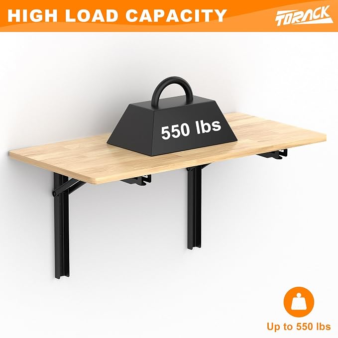 TORACK Heavy Duty Wall Mounted Folding Workbench, Space-Saving Collapsible Wall Table/Desk for Garage Workshop, Holds Up to 550 lbs(Board Size: 47.25 x 22.75 in)
