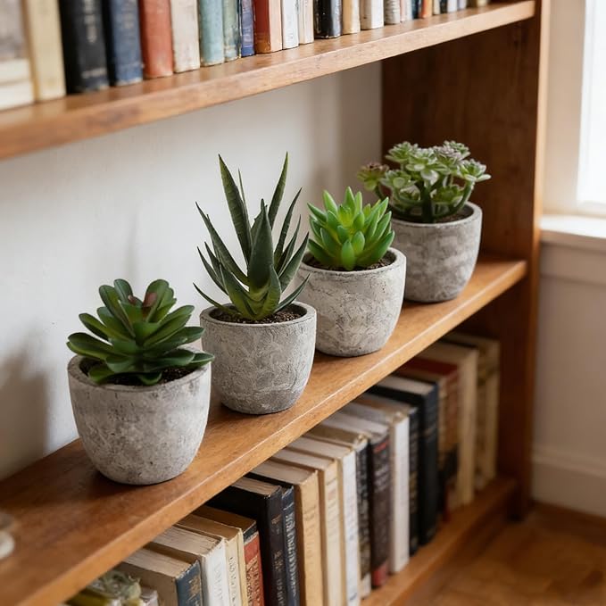 ABAJI Mini 4 Succulents Plants Artificial in Pots Fake Plants for Bedroom Aesthetic Living Room Shelf Bathroom Decor Office Desk Accessories