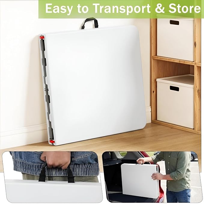 FDW 6FT Plastic Folding Table, Portable with Carrying Handle Perfect for Indoor, Outdoor, Party, Dining, Wedding, Events, Camping, White