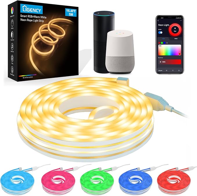 Ligency Smart Neon Rope Lights with Alexa - 16.4FT Ultra Bright RGBW LED Strip, Plug-in Adapter Powered, IP65 Waterproof Flexible Neon Lights with App Control & Music Sync, DIY Decor