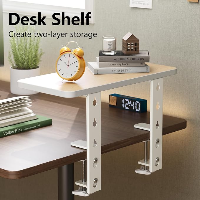 15.7"×7.5" Clamp-on Desk Extender, Monitor and Laptop Riser | Heavy-Duty Side/Top Desk Organizer Shelf, Adjustable Desktop Storage for Office Accessories, Light Wood