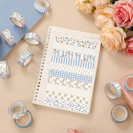 12 Rolls Watercolor Floral Washi Tape Set 15 mm Vintage Flower Decorative Masking Tape for Summer School Arts DIY Craft Scrapbook Journal Supplies Gifts(Beige and Blue,Floral Plaid)