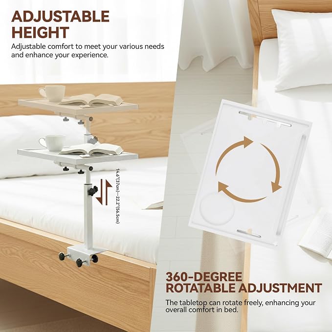 Bedside Shelf Rotating Foldable Tray:Height-Adjustable Clip On Bed Side Tray Table, Tray Table with Sturdy Metal Pole,Fits Bed Frames 0.7"-2.7" Wide for Dorms, Apartments, Bedrooms,Dorm Essentials