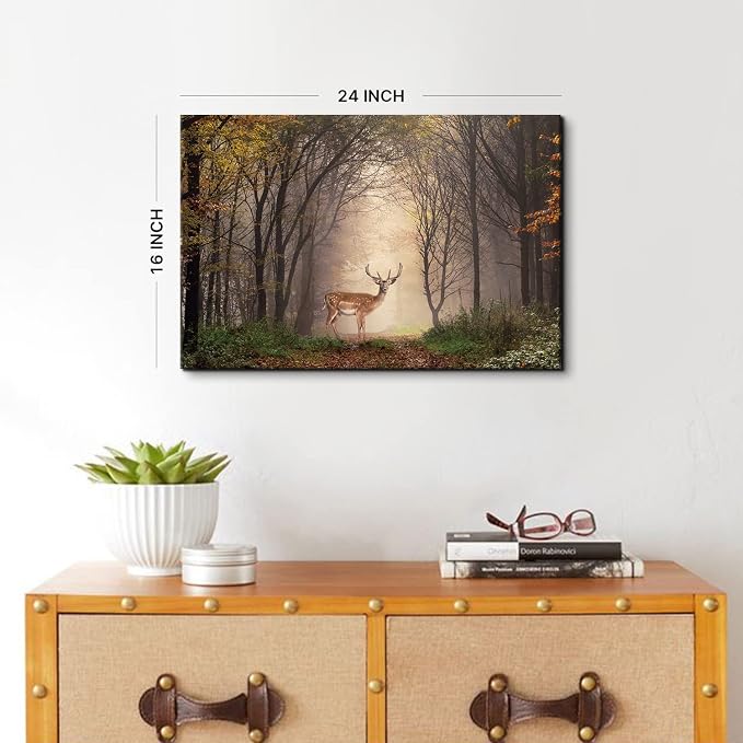 Wild Animal Landscape Canvas Wall Art Deer in Autumn Foggy Forest Picture Wall Decor Elk Wildlife Scenery Photo Prints Painting Decoration for Modern Living Room Bedroom Bathroom Home Art 16x24 Inch