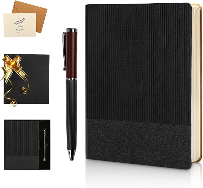 TSFPapier A5 Lined Notebook with Pen & Gift Box 216 Pages PU Leather Journals for Women Men 100GSM Thick Paper College Ruled Notebook for Gifts,School,Travel,Business,Work,Home Writing (Black)