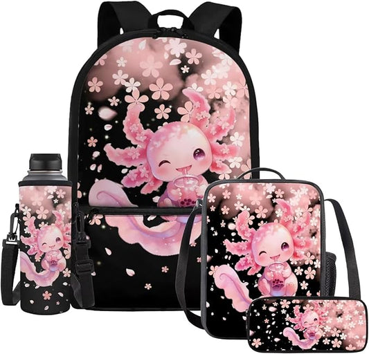 WELLFLYHOM 17 Inch Axolotl School Backpack for Kids Girls, Cherry Blossom 4PCS Set Pink Elementary Bookbag with Lunch Box for 6-11 Years, Back to School Supplies