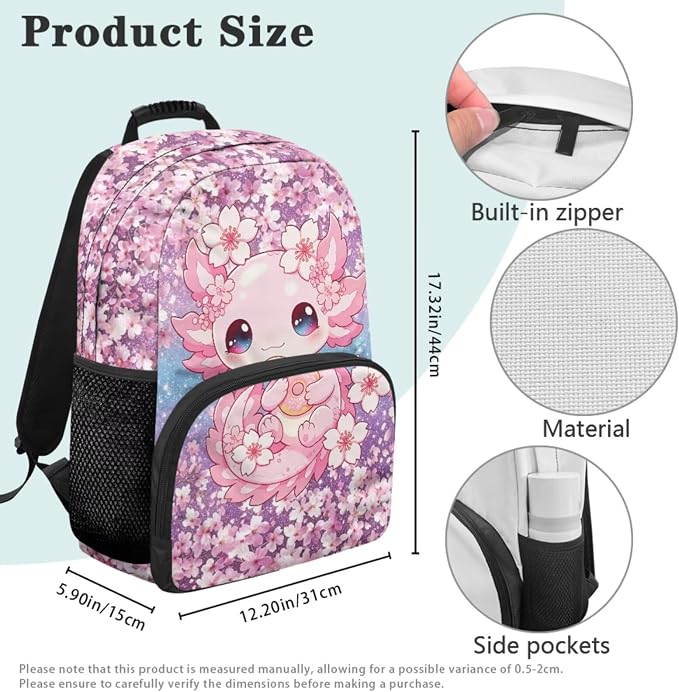 Cherry Blossoms Axolotl Girls School Backpack Set 4 PCS, 17 Inch Cute Cartoon Bookbag with Insulated Lunch Bag for Kids Ages 6-8 Elementary Back to School Supplies