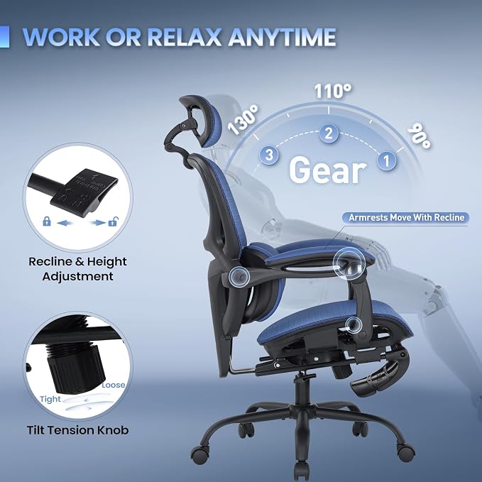 MALOL Ergonomic Mesh Office Chair with Footrest, Executive High Back Computer Desk Chair with 3D Adjustable Headrest & 5-Level Lumbar Support, Track Armrest, Tilt Lock, 300LBS, Blue