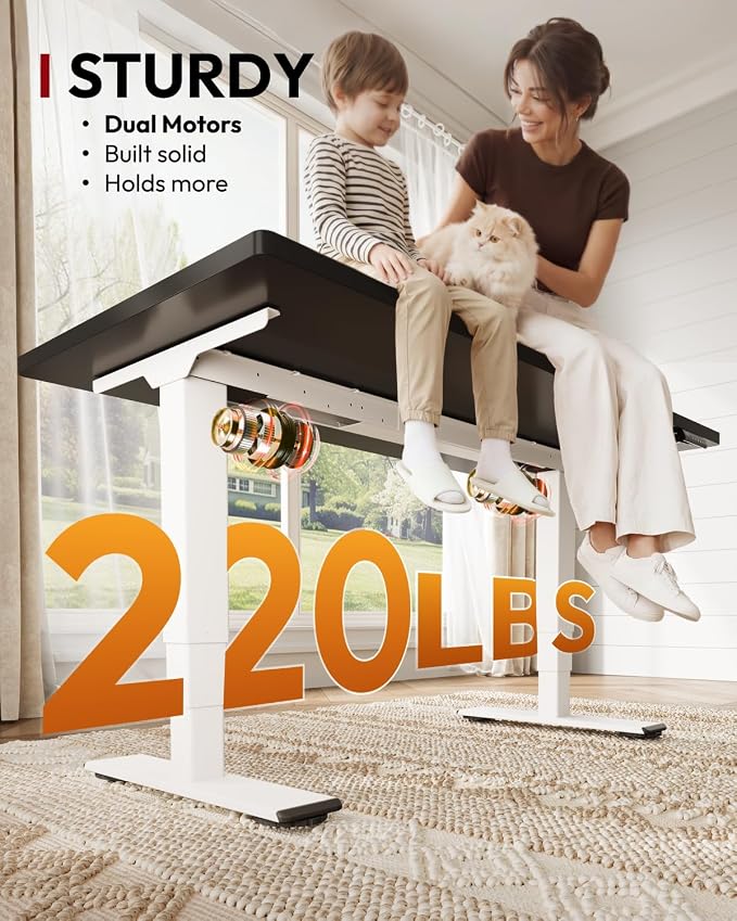 SANODESK Dual Motor Standing Desk 220lbs Height Adjustable Desk | 60"x24" Spacious One-Piece Black Desktop & White Frame, 4 Memory Presets, 3-Stage Legs, 220lbs, 2-Box for Home & Office