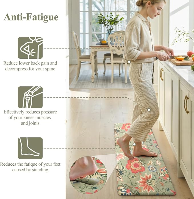 LEEVAN Anti Fatigue Kitchen Mats for Floor, Cushioned Kitchen Mat Set 2PCS | 17.3"x29"+17.3"x47", Boho Floral Green Kitchen Rugs Non-Slip, Waterproof Ergonomic Standing Mats for Laundry, Office, Sink
