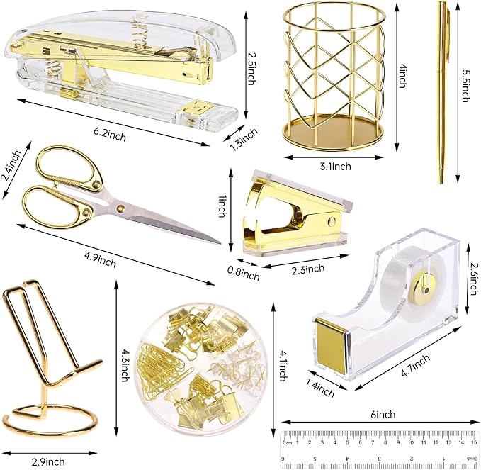 EOOUT Gold Office Supplies Set Desk Accessories, Acrylic Stapler Set Staple Remover, Phone Holder, Tape Holder, Pen Holder, 2 Ballpoint Pen, Scissor, Binder Clips, Ruler, Transparent Glue and Staples. | Clear Acrylic Desk Accessories, Organized Workspa...