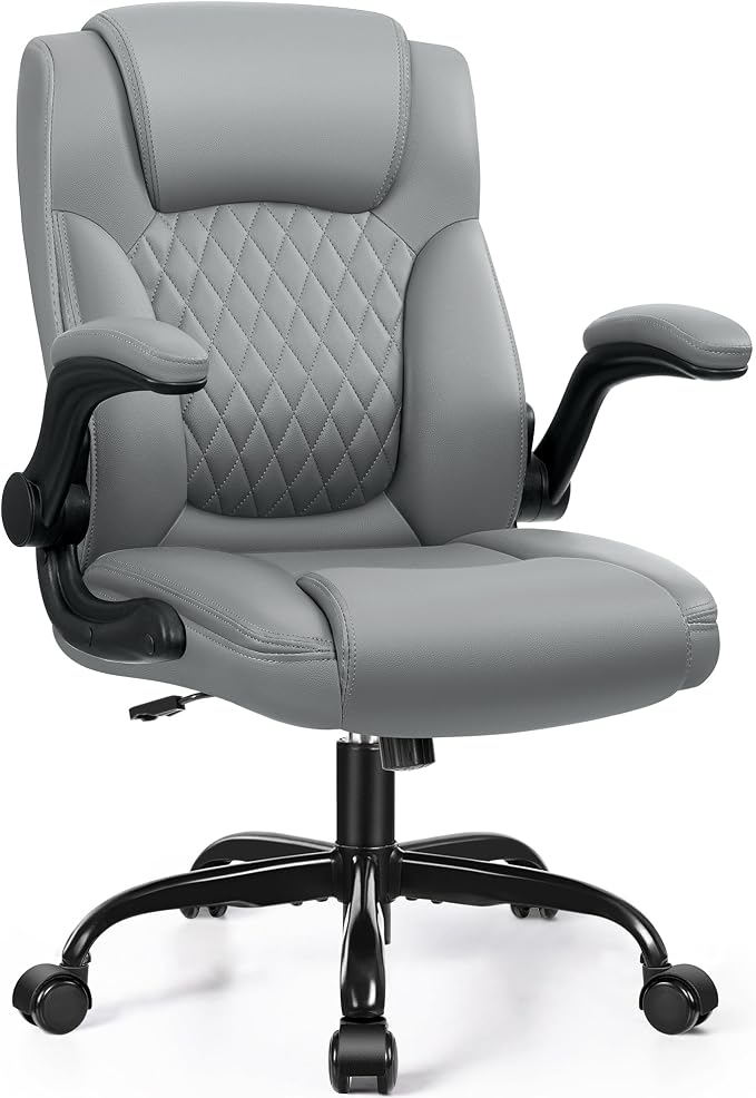 Ergonomic Office Chair, Adjustable Leather Computer Chair with Flip-Up Armrests & Lumbar Support, 275 lbs Capacity, 360° Swivel Task Chair for Home Office, Gray
