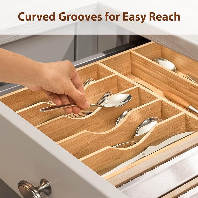 Kitchen Drawer Organizer, 12.5 Inch Silverware Utensil Tray Holder, Extra Deep, with Non-Slip Feet & Grooved Drawer Divider, 7 Slots Total Bamboo Wood Caddy for Flatware Cutlery Knives