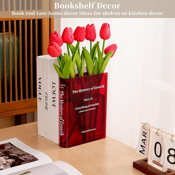 Puransen Red Book-Shaped Vase for Flowers - Aesthetic Room Decor for Modern Home/Office, Minimalist Shelf Organizer with Floral Display, for Book Lovers & Interior Design Enthusiasts