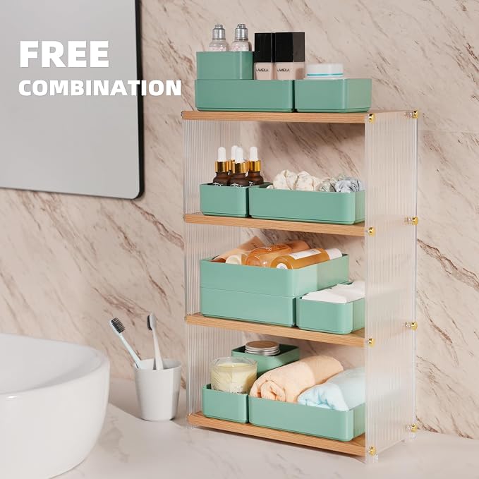 CHANCETSUI 11-Piece Stackable Drawer Organizer Set, Multi-size Desk Drawer Organizer Trays Vanity Storage Bins for Storing Makeup, Stationery, Utensils in Bathroom Dresser, Office and Kitchen
