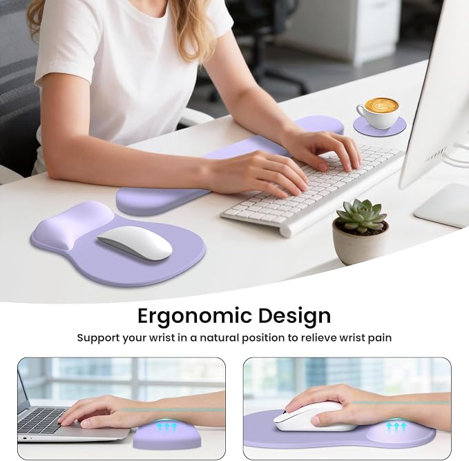 AKIT Ergonomic Mouse Pad and Keyboard Wrist Rest Set,Memory Foam,Purple | 3-in-1 Set Includes Mouse Pad and Keyboard Wrist Rest Memory Foam for Comfort Non-slip Base Suitable for Home Office Gaming