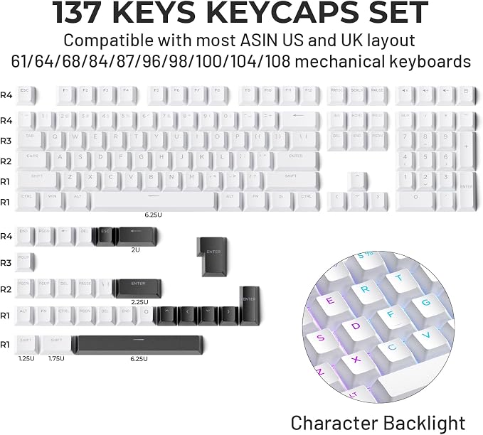 SDYZ x XVX Doubleshot PBT Keycaps for Mechanical Keyboards - Shine Through Keycaps, Full 131 Key Set, OEM Profile, Backlit - White