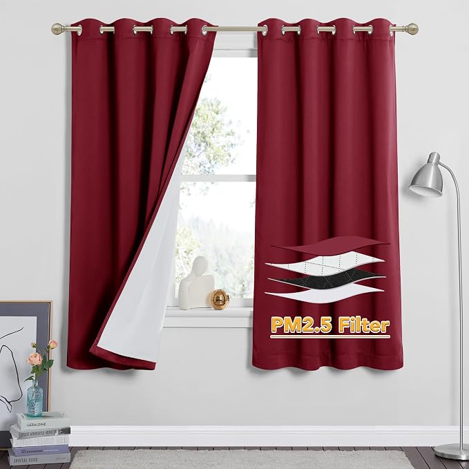RYB HOME Soundproof & Dust Particle Filtering Curtains 100% Blackout Thermal Insulated Window Treatment Air Filter Drapes for Bedroom Living Room Kids Nursery, Burgundy Red, W52 x L63 inch, 2 Panels