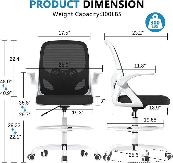 Kensaker Drafting Chair Tall Office Chair, Ergonomic Standing Desk Chair with Adjustable Foot Ring and Flip-up Armrests, Mesh Computer Chair for Art Studio, 300 LBS, White
