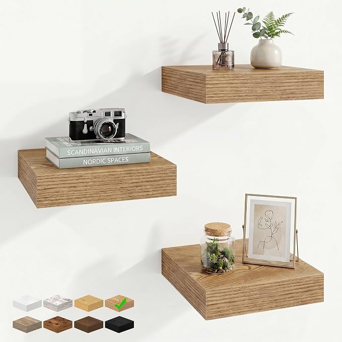 Marsmiles Square Floating Shelves for Wall, 8" W x 8" D x 1.25" H, 3 Pack Small Wall Mounted Engineered Wood Shelves with Invisible Brackets for Living Room, Bedroom, Bathroom, Kitchen Decor,Cedar