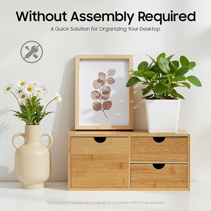 Desk Organizer, Office Vanity Bamboo Desk Organizer, Mini Bamboo Desk Drawer Tabletop Storage Box with 3 Drawer Night Stand Table Organizer for Makeup Vanity Office Supplies (3 Drawer, 1 Left+2 Right)