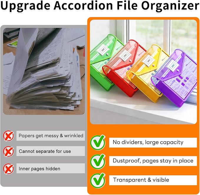 Plastic Expanding File Folder, Transparent Envelopes with Snap Closure | 10 Pack, No Dividers, Large Capacity, Assorted Colors, Fits Letter / A4 Size