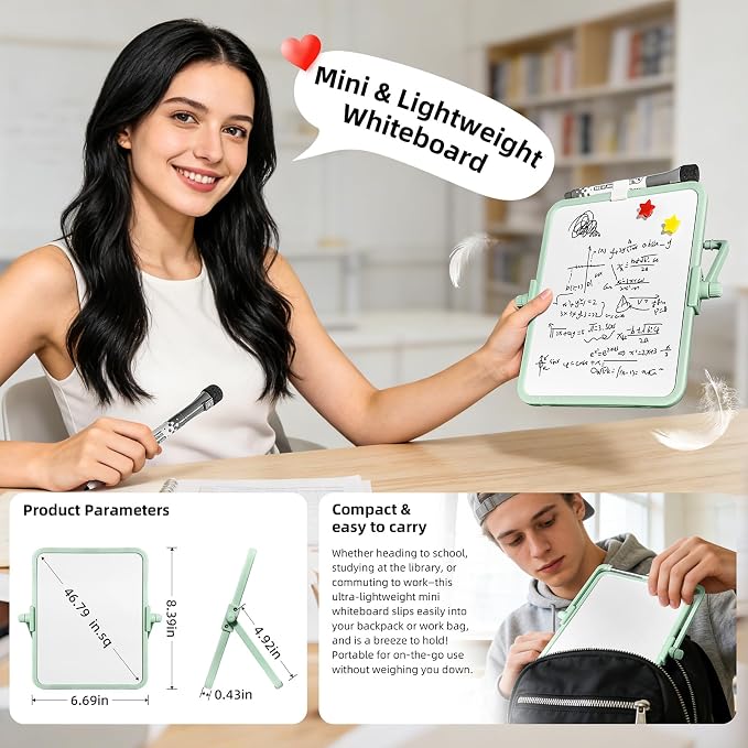 Magnetic Dry Erase Whiteboard, 6.7x8.4 Inch Double-Sided Desktop Easel with Stand, 2 Eraser Head Markers & 4 Magnets, Portable White Board for Planning, Memo, Office, Home, School（Green）